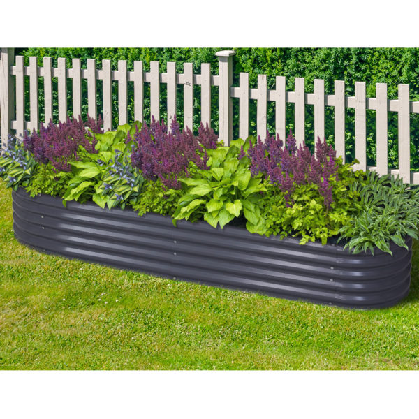 Greenfingers Raised Garden Bed Planter, Galvanised Steel, Oval - 240cm width- view with plants