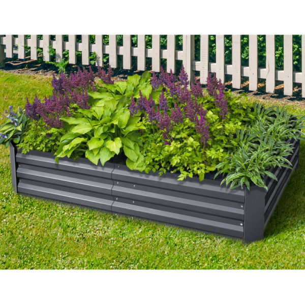 Greenfingers Raised Garden Bed Planter (Set of 2), Galvanised Steel, Rectangle - 150cm width - view with plants